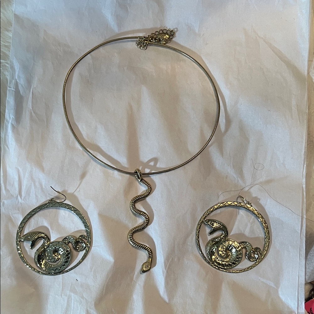Betsey Johnson Silver Snake Choker and Hoop Earring Set